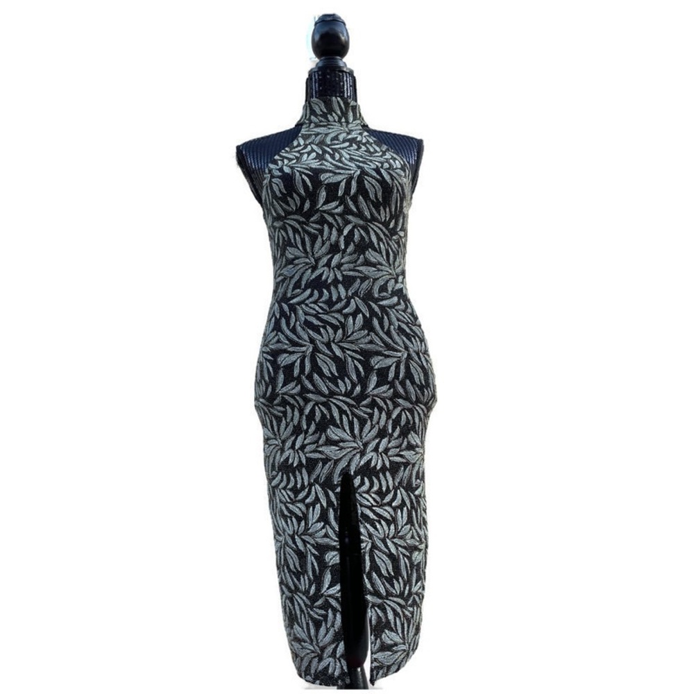 House of Harlow Revolve Jamie Bodycon Black Gold Lurex Halter Midi Dress XS